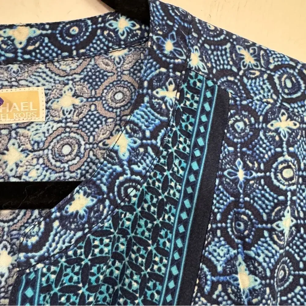 Michael Kors Blue Paisley Boho Blouse Womens L Casual Classic Beachy Shirt Top